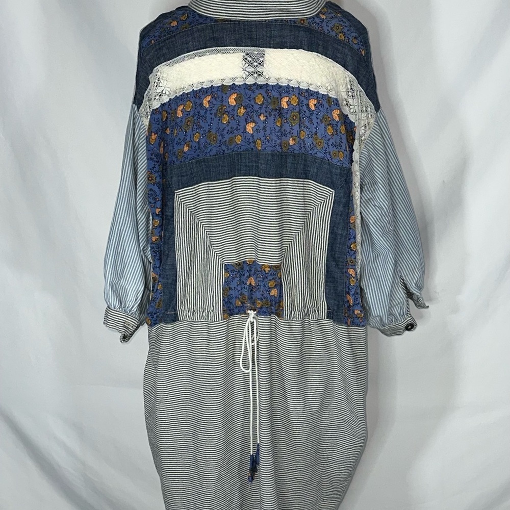 Free People New Romantics Mixed Media Boho Tunic Dress Blue Floral Lace Size Lg - Picture 7 of 12
